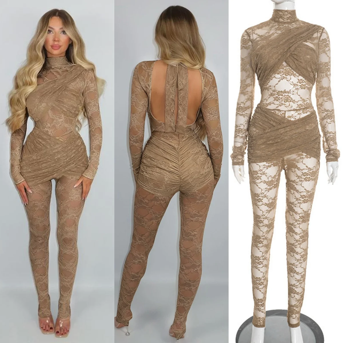 

Yomesugar сексуальные комбинезоны с открытой спиной, женские кокетливые жаккардовые кружевные прозрачные узкие комбинезоны с длинными рукавами, клубная одежда для полуночных вечеринок
