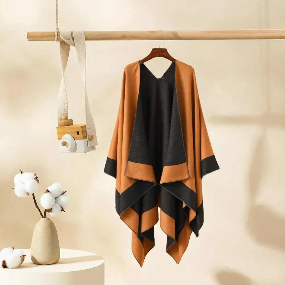 

Women Warm Shawl Wrap Fall Winter Double-Sided Open Front Cape with Color Contrast Multiple Ways to Wear Poncho Sweater