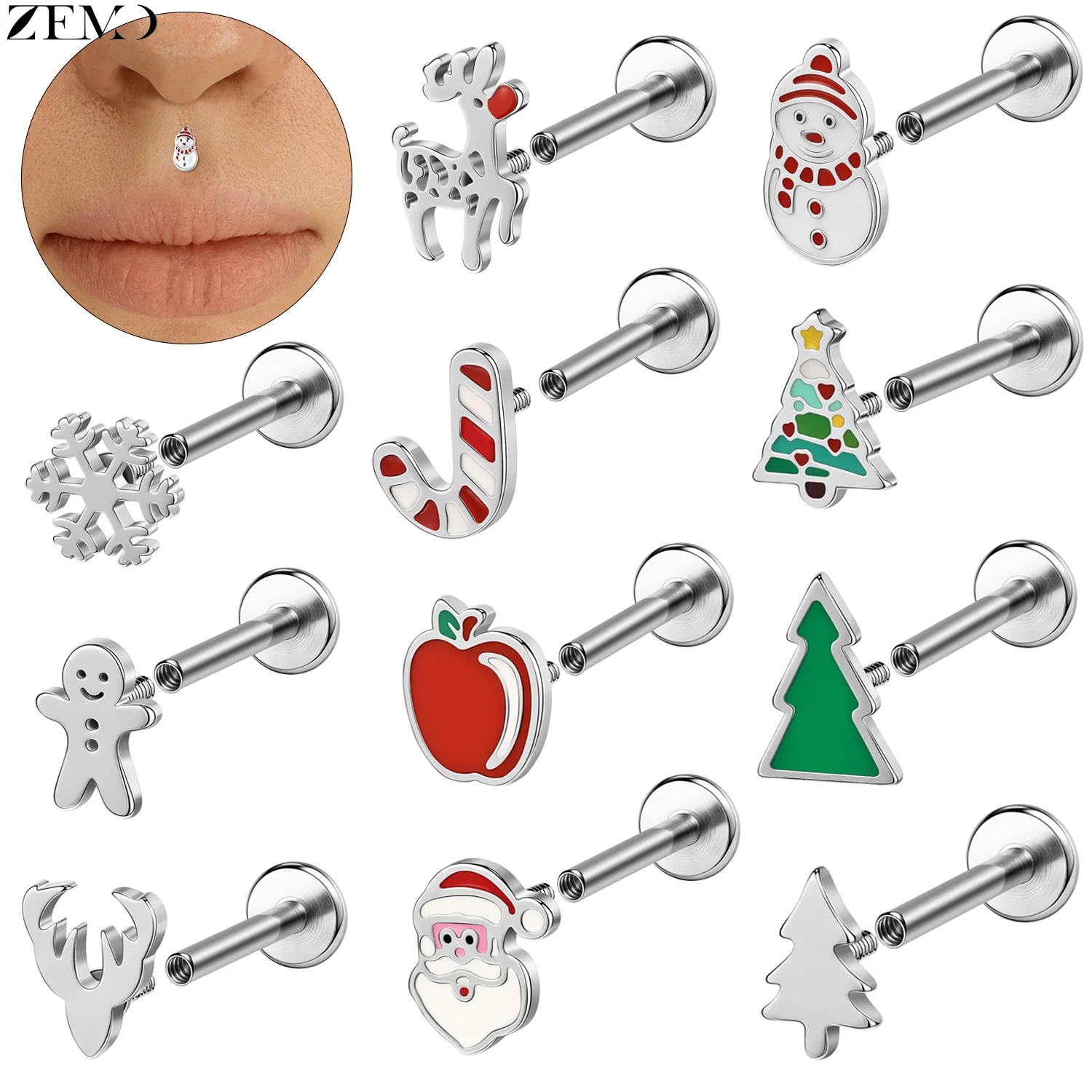 ZEMO 1 Piece Christmas 16G Stainless Steel Labret Lip Piercing Candy Cane Santa Claus Ear Stud Cartilage Conch Piercings 6MM/8MM