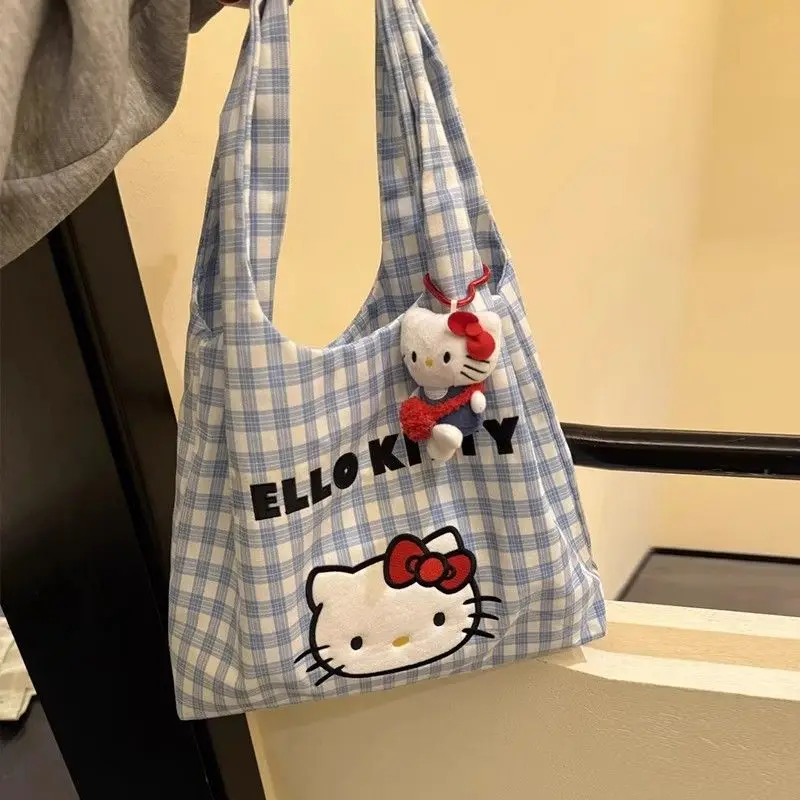 Nuevo bolso de hombro dulce a cuadros con letras bordadas para estudiantes universitarios con gran capacidad y bolso de lona versátil.