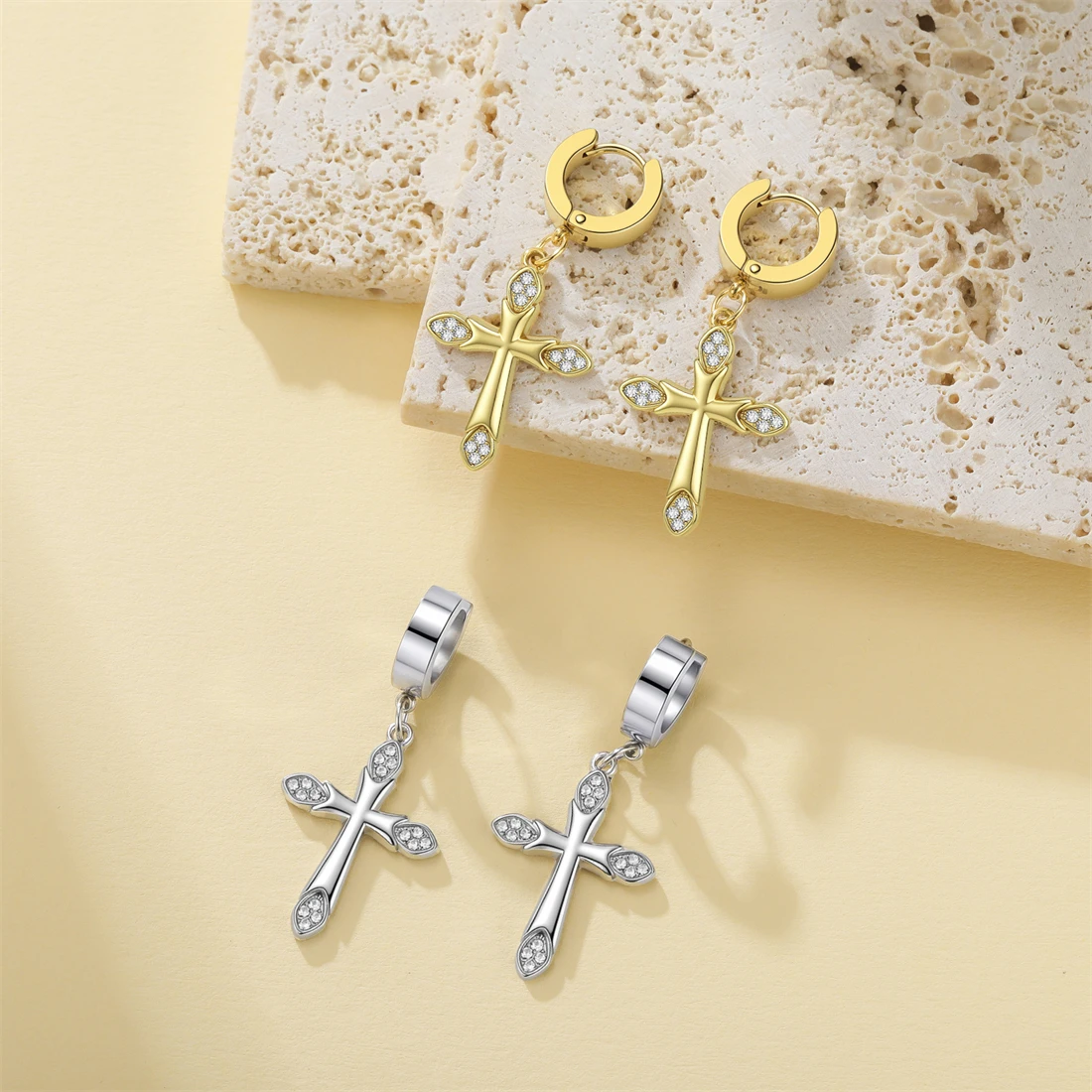 Eueavan Strass-Kreuz-Ohrhänger aus Edelstahl, klassische christliche Creolen für Frauen, religiöser Amulett-Schmuck, Geschenk – Detail 13