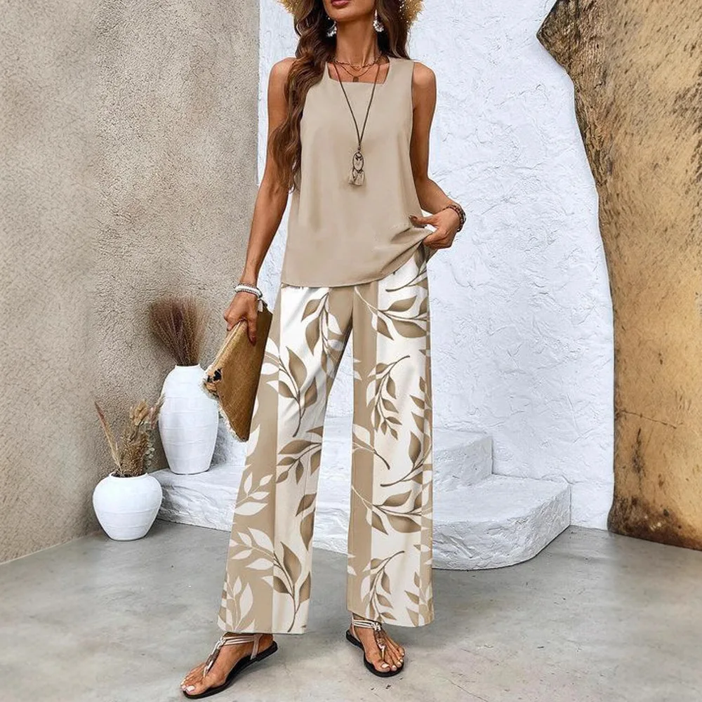 

2026 New Women's Casual Square Neck Pullover Vest Top with Digital Printed Pants Two-Piece Set Ensemble Femme 2 Pièces Été