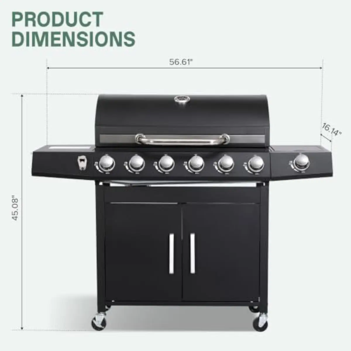 6 Burner Outdoor Gas Grill with Side Cooking Station Black Porcelain Grate Reversible Cast Iron Plate Stainless Warming Rack Bui