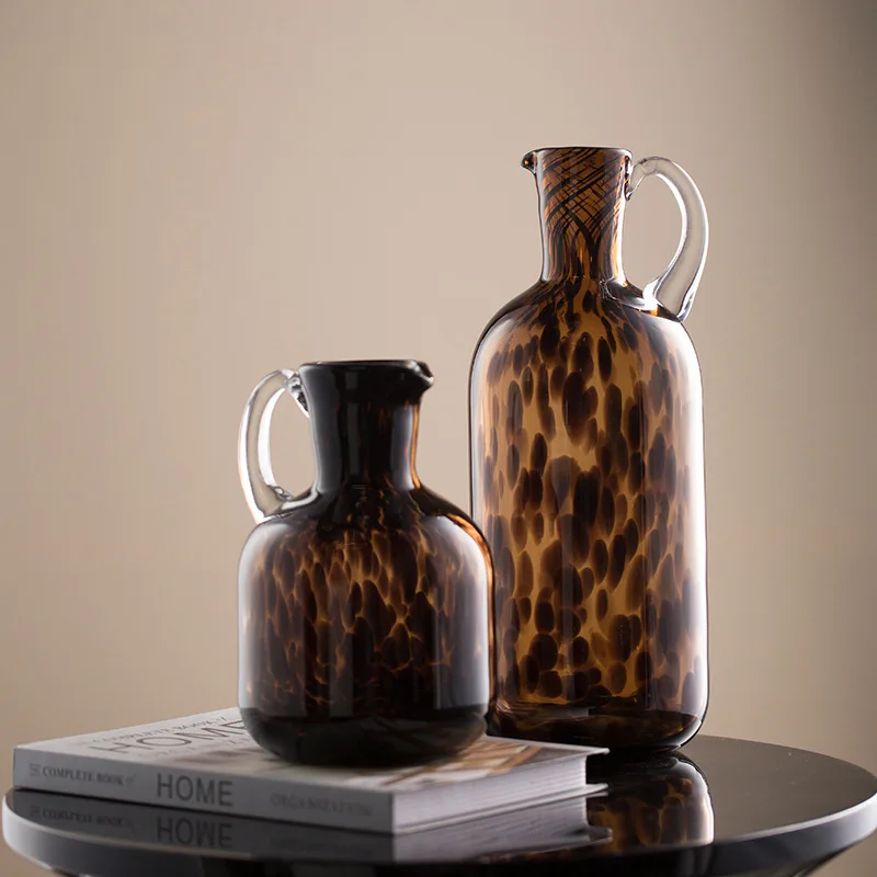 

Creative Large Mouth Crystal Glass Vase Vintage Tortoiseshell Pattern Decor Thick Handle Kettle Shape Hydroponic Planter Genuine