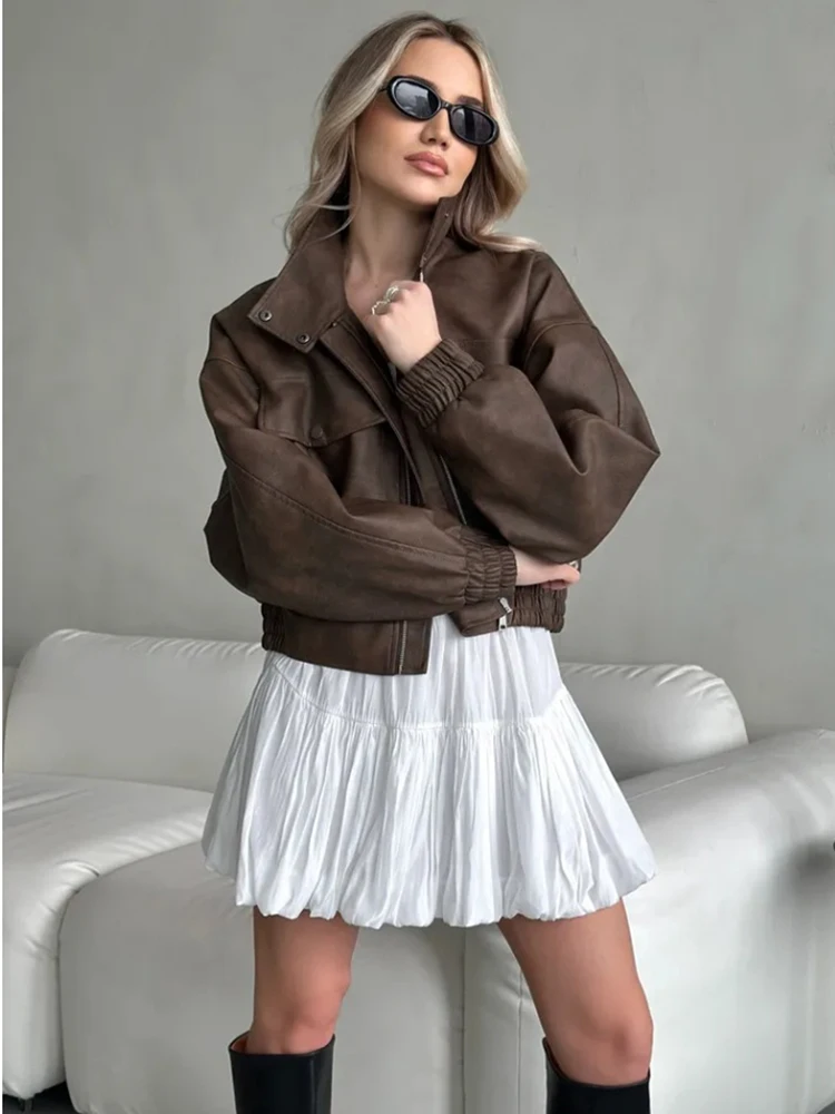 Veste courte rétro en cuir PU pour femme, manteau d'automne à col rabattu et poches, nouvelle veste décontractée en cuir, vêtements d'extérieur courts