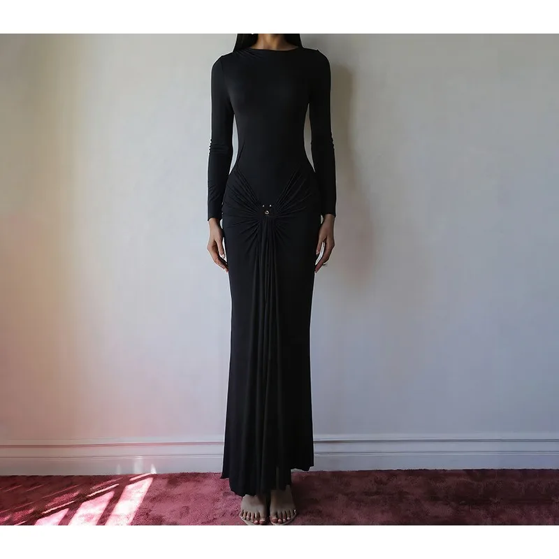 

Elegant Dress Women Clothing Autumn 2025 Long Sleeve Ruched Sexy Maxi Gown Autumn Fashion Draped Bodycon Long Dresses Female