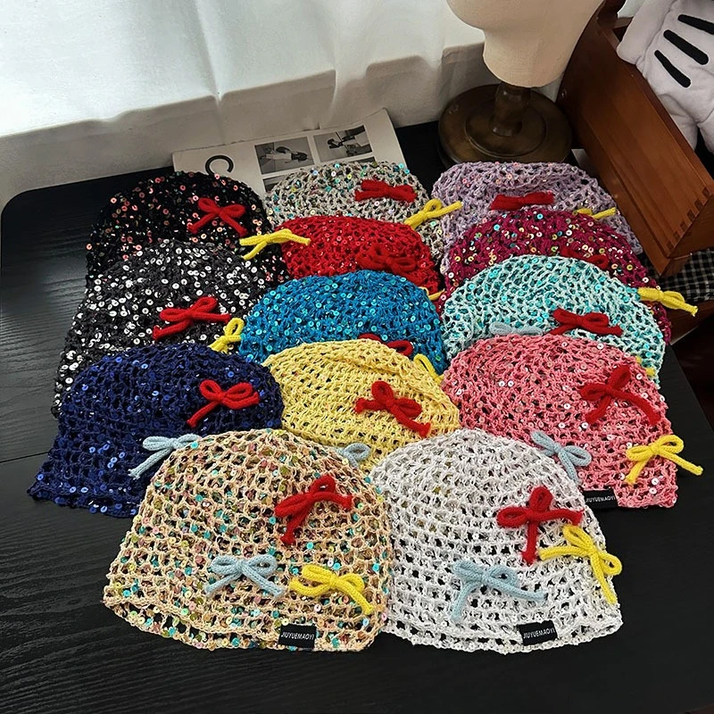 

Korean Sweet Bow Sequined Knit Pullover Hat Women's Spring and Summer Y2k Fashion Crocheted Hollow Breathable Skull Beanie Cap