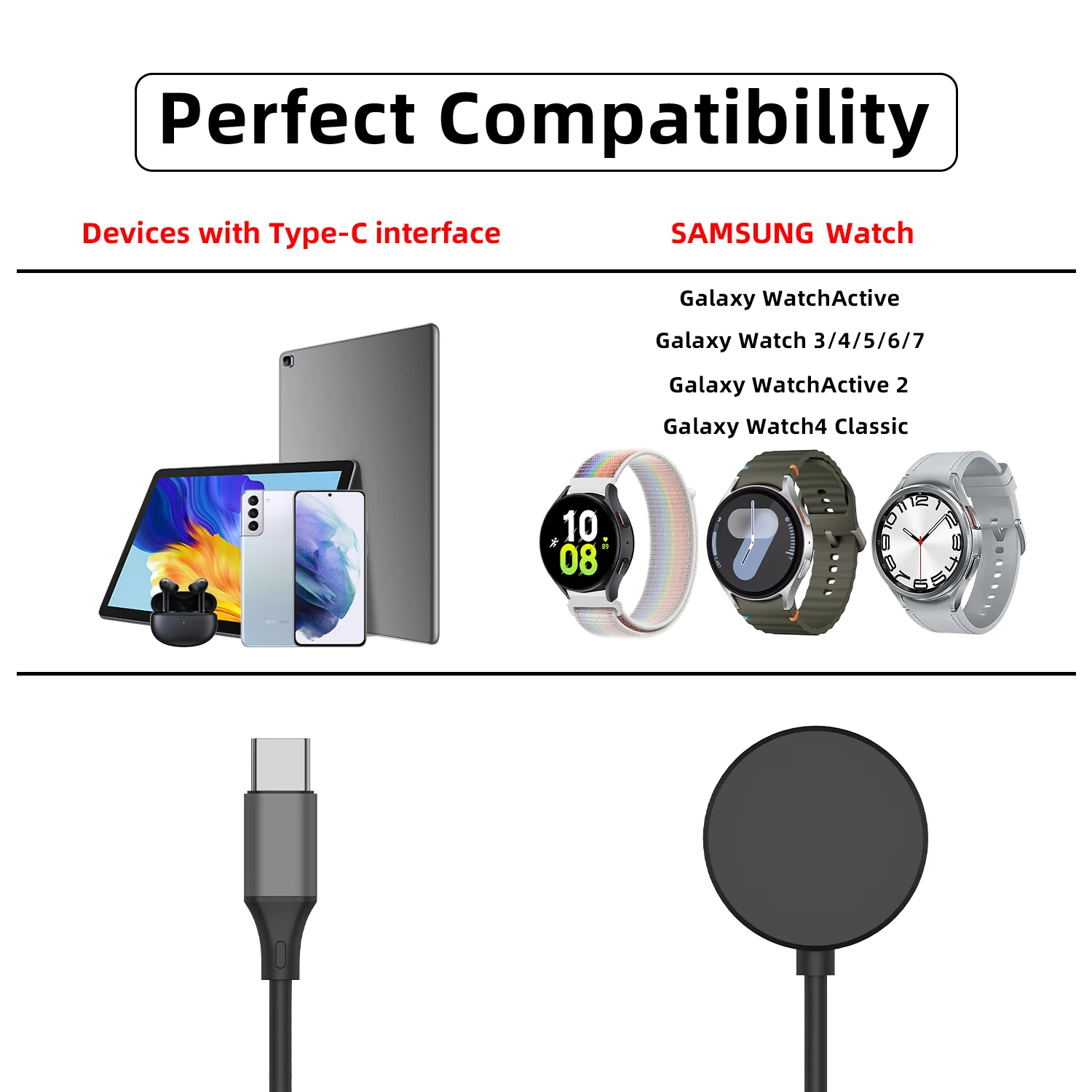 2-in-1 Fast Charging Cable for Samsung Galaxy Watch Ultra/7/6/6 Classic/5/5 Pro USB-C Smartwatch and Phone Charger