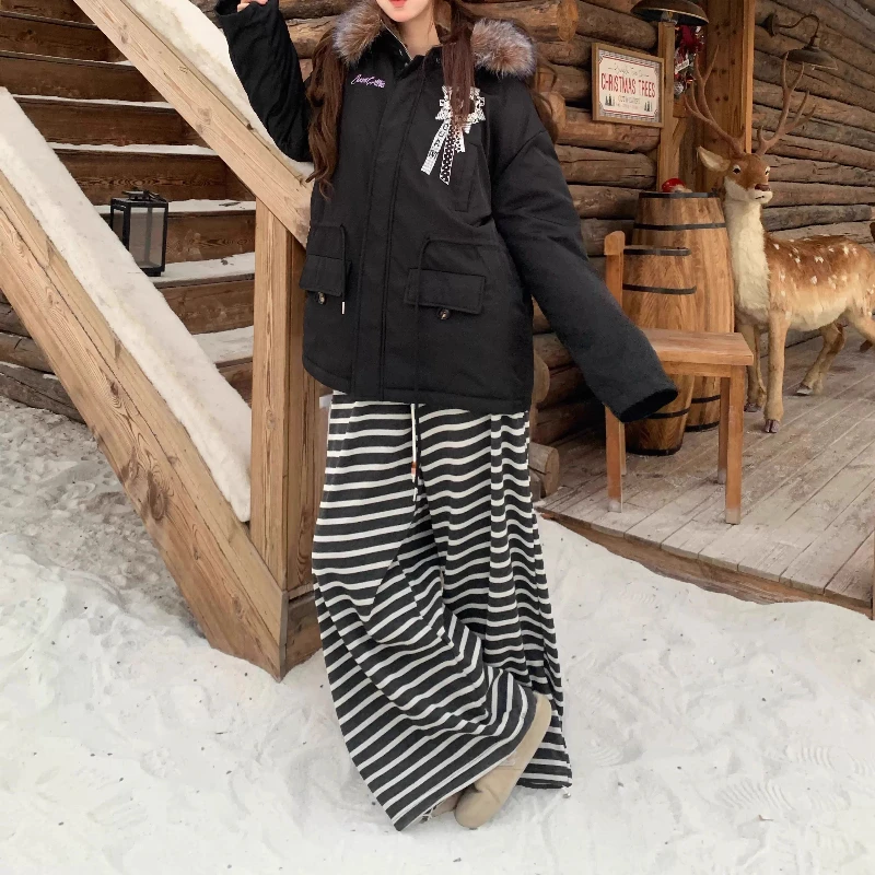 American Retro Striped Loose Wide-Leg Straight Casual Women's Trousers Winter New Fleece-Lined Thickened Warm Long Pants Ladies