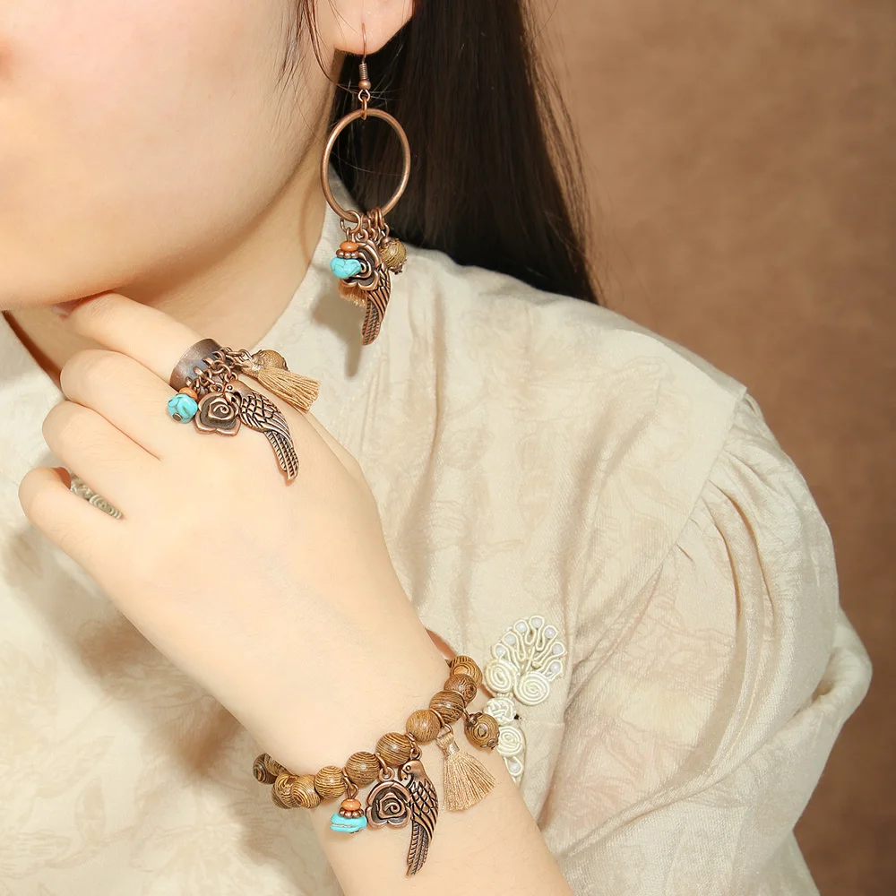4pcs Boho Retro Jewelry Set Coffee Brown Alloy Dangle Earrings Wooden Bracelet Open Ring Adjustable Party Decors Daily Wear