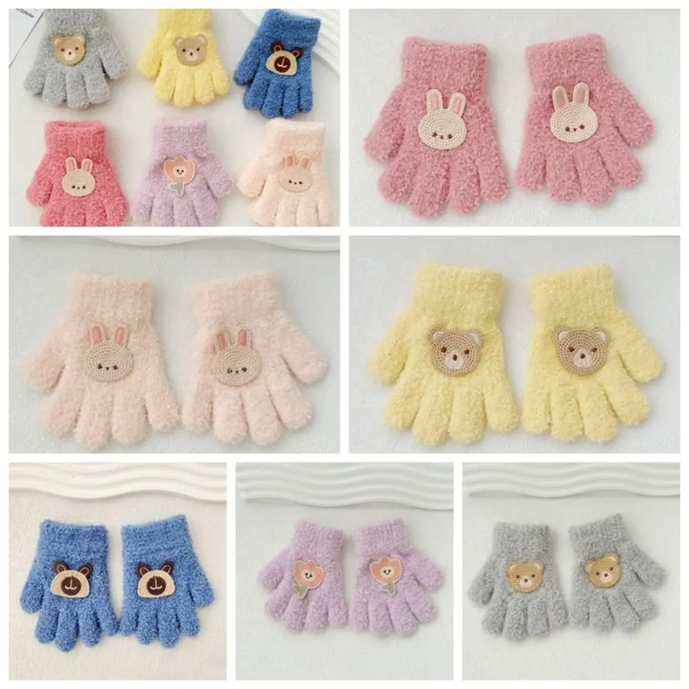 Autumn Bear Baby Fluffy Gloves Rabbit Korean Style Cartoon Pattern Gloves Solid Color Full Finger Knitted Mittens Kids