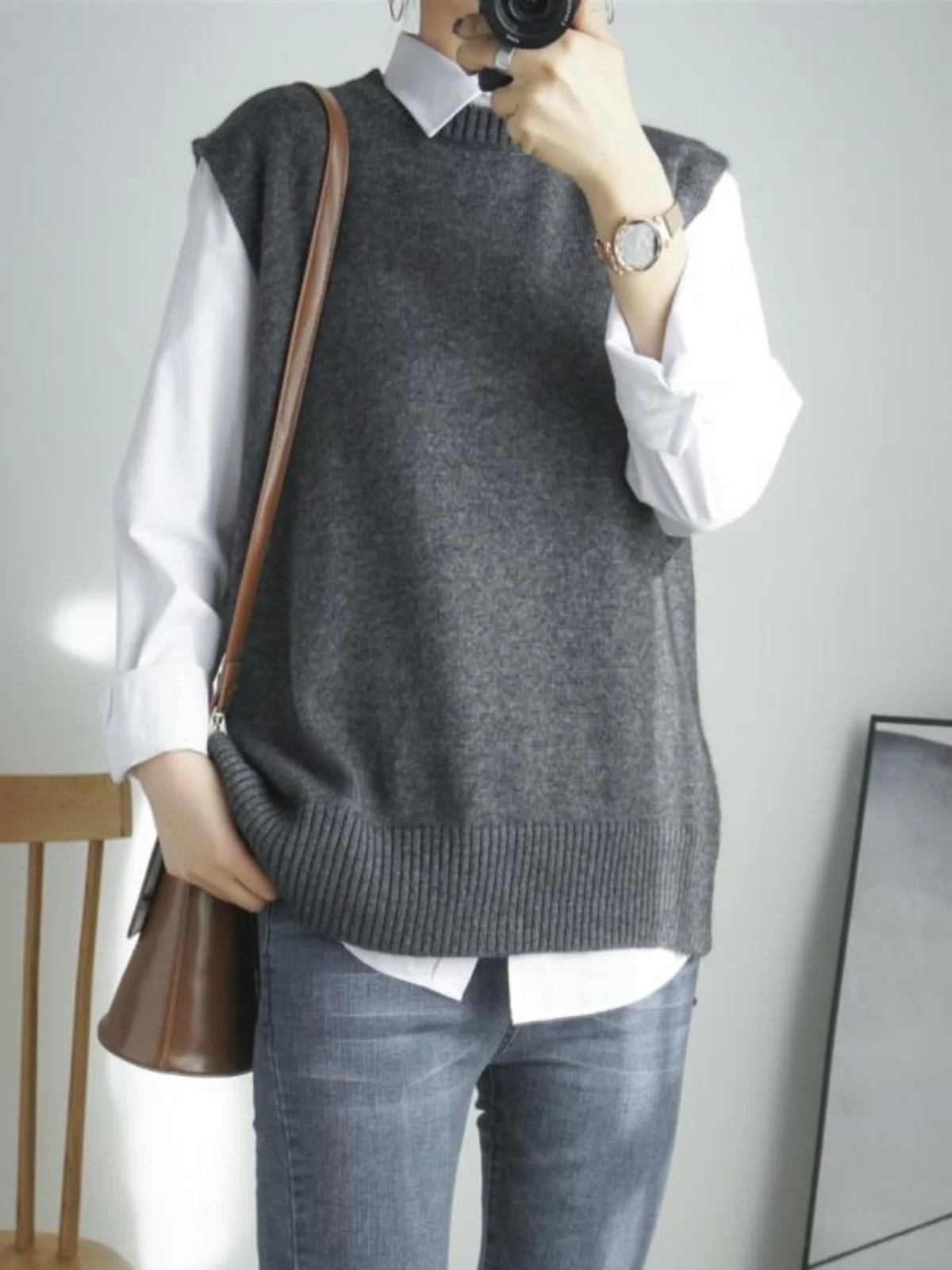 

Ladies 00% Camere Vest Knitted Loose V-Ne Woolen Sweater Outerwear Comfortable plus Size Commute Sle Spring Faion