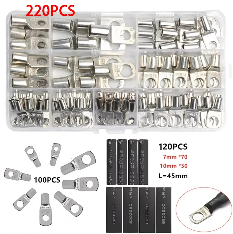 

220Pcs SC Bare Tinned Copper Lugs Terminals Ring Terminal Heat Shrink Tubing Cable Crimped/Soldered Terminal Kit