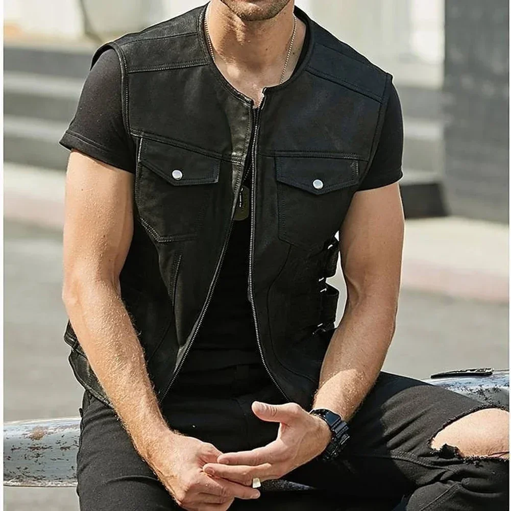 

Fashionable Men's Faux Leather Biker Waistcoat Motorcycle Black Club Vest With Multiple Pockets Sleeveless Style