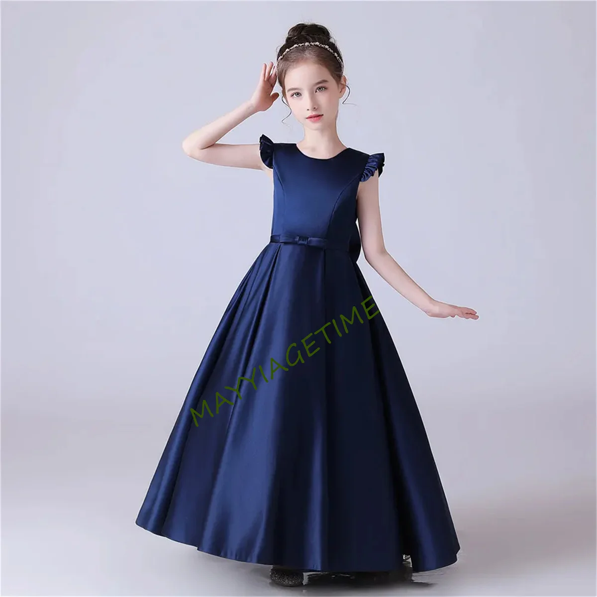 Navy Blue Satin Sequin Girl Dresses Formal Princess Gown Party Dress For Girls Junior Concert Birthday