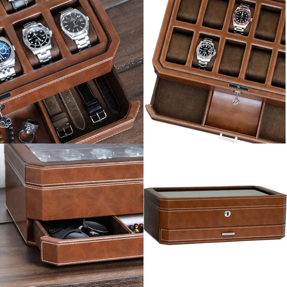 

12-Slot Tan/Brown Leather Watch Box with Valet Tray - Luxury Display Organizer for Men's Accessories