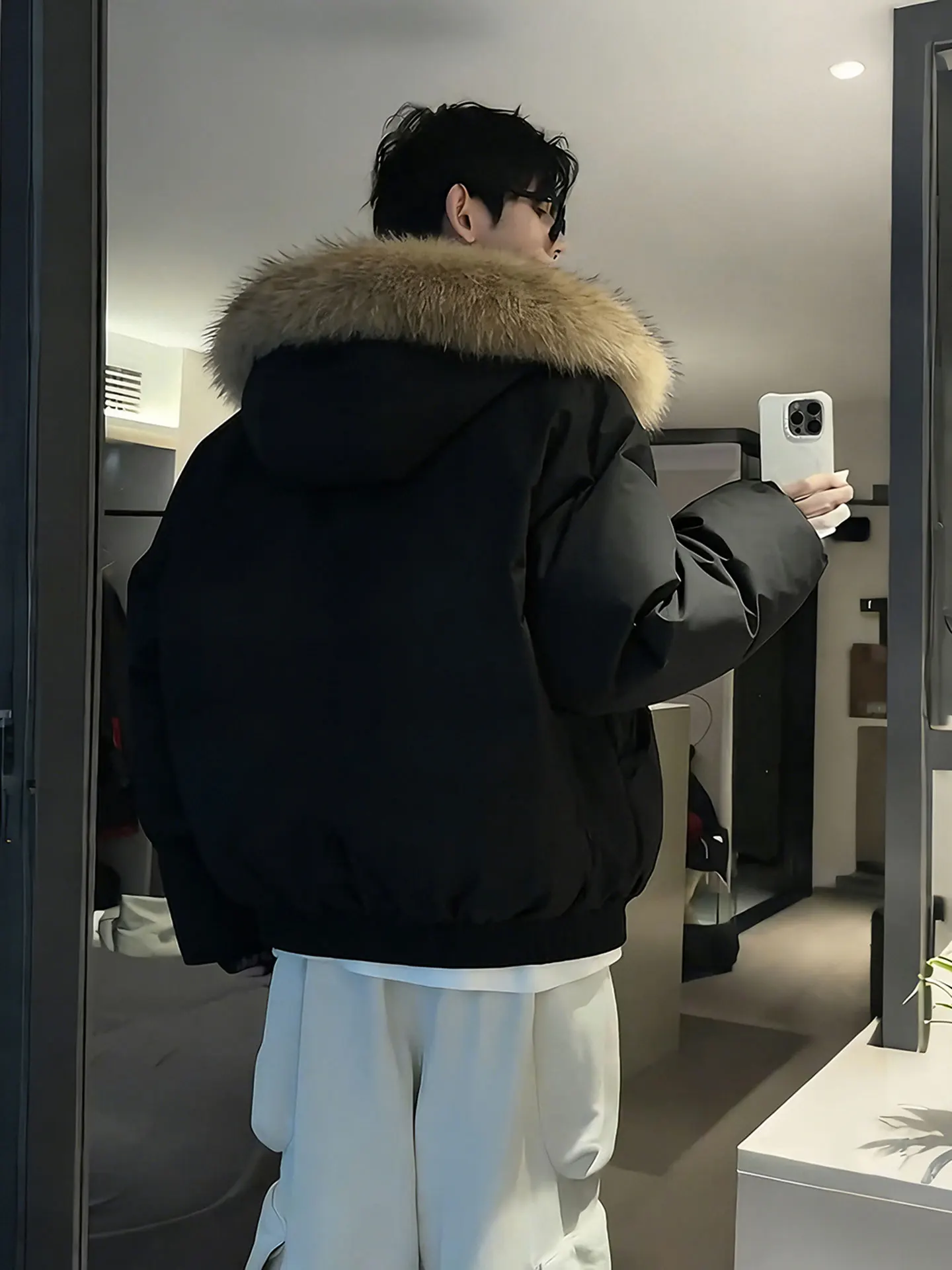 

American Sle Thiened Hooded down Jaet Men's ort Coat with Big Fur Collar Warm Polyester Fiber Outerwear Coat