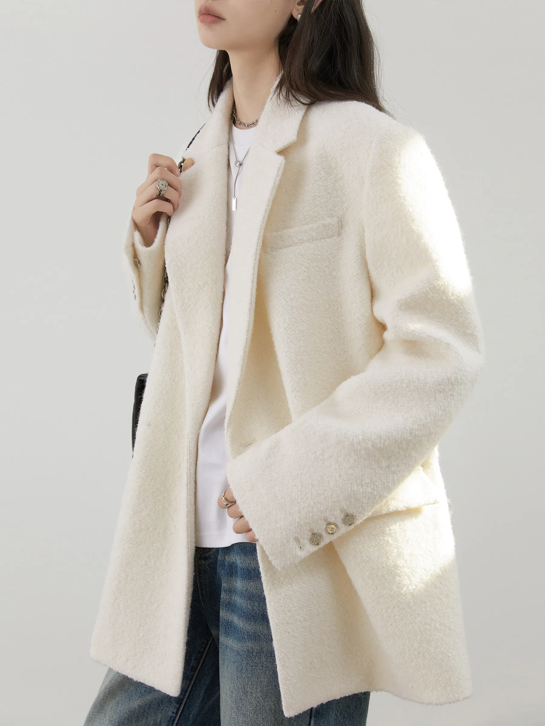 CHIC VEN Women Woolen Blazer Coat White Loose Casual Oversize Office Ladies Mid Length Outerwear Autumn Winter 2026 Clothes