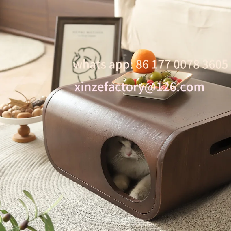 

Customizable light luxury wood curved wood cat nest closed cat habitat universal in all seasons