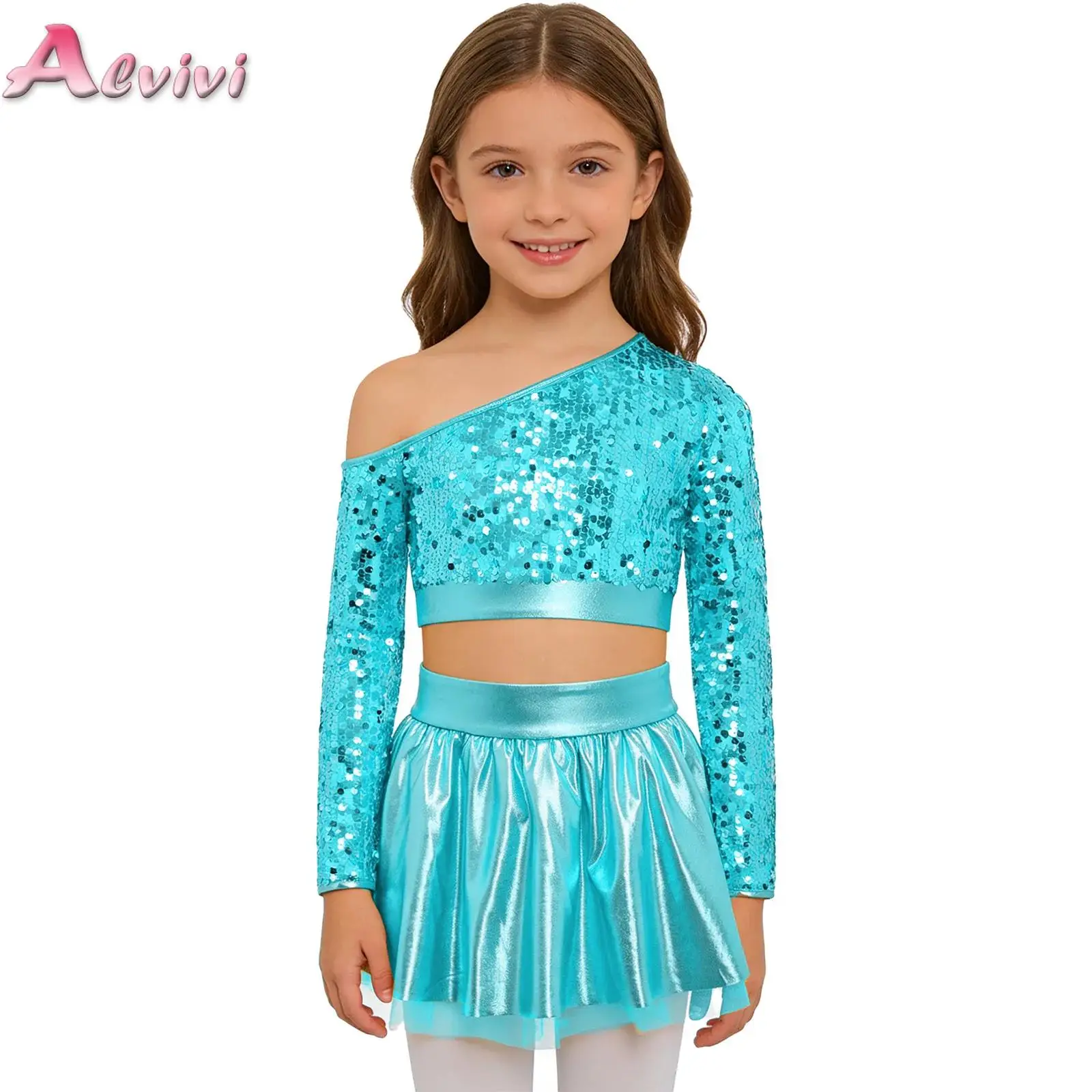 

Kids Girls Fashion Sequins Clothes Sets Jazz Dance Performance Competition Costume Long Sleeve Sequins Top with Tutu Skirt Suits