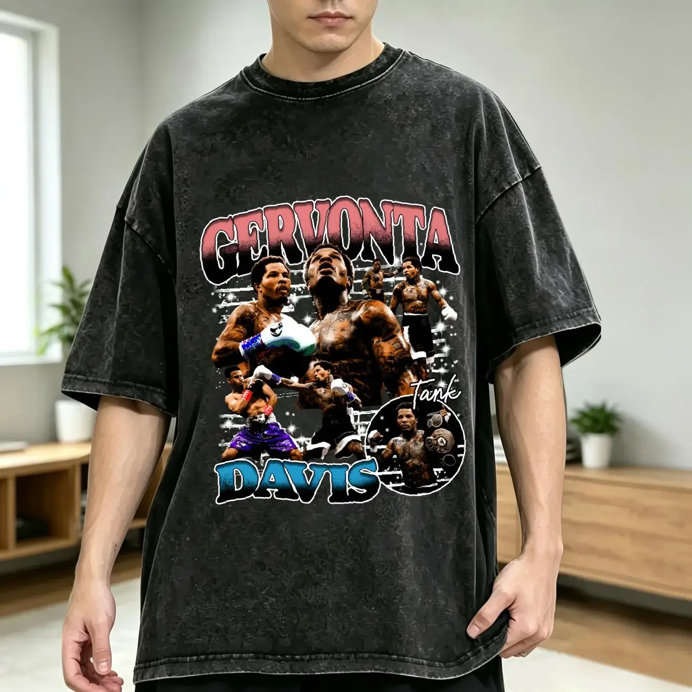 washed T Shirt GERVONTA DAVIS Tank Boxing Rap 90s Retro AN15324 vintage Washed Comfortable homme Slightly Stylish Breathable
