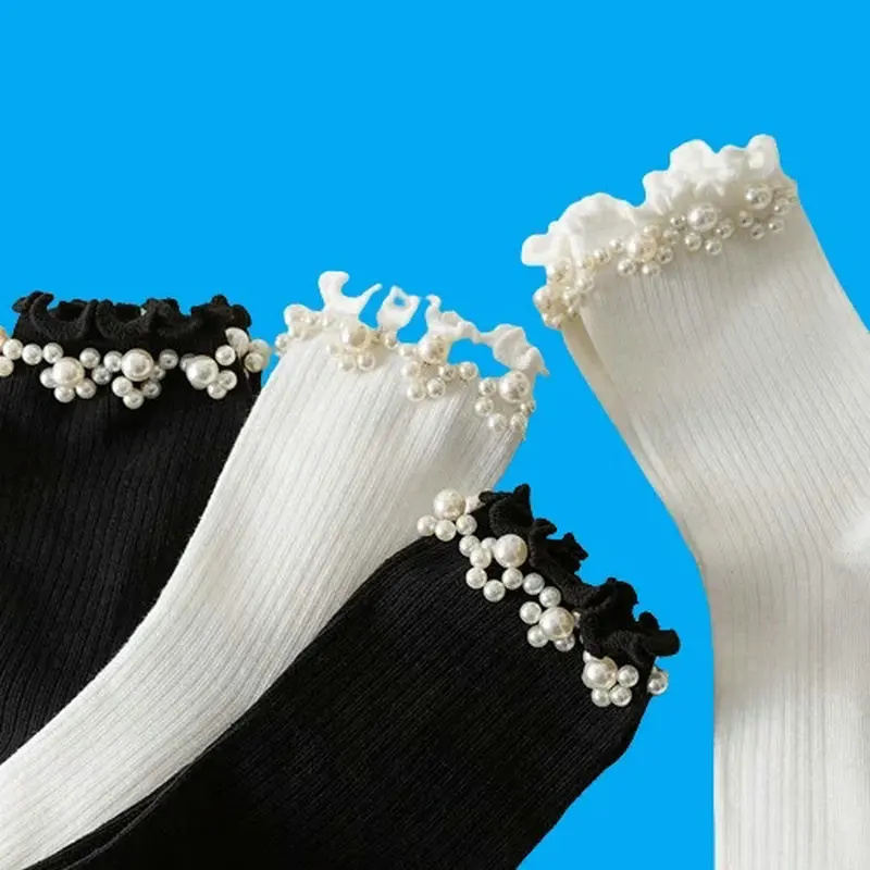 Chaussettes en dentelle respirante absorbant la sueur pour femmes, chaussettes fines avec perles, champignon, printemps et automne, été 5/10, nouveau, 2024 paires