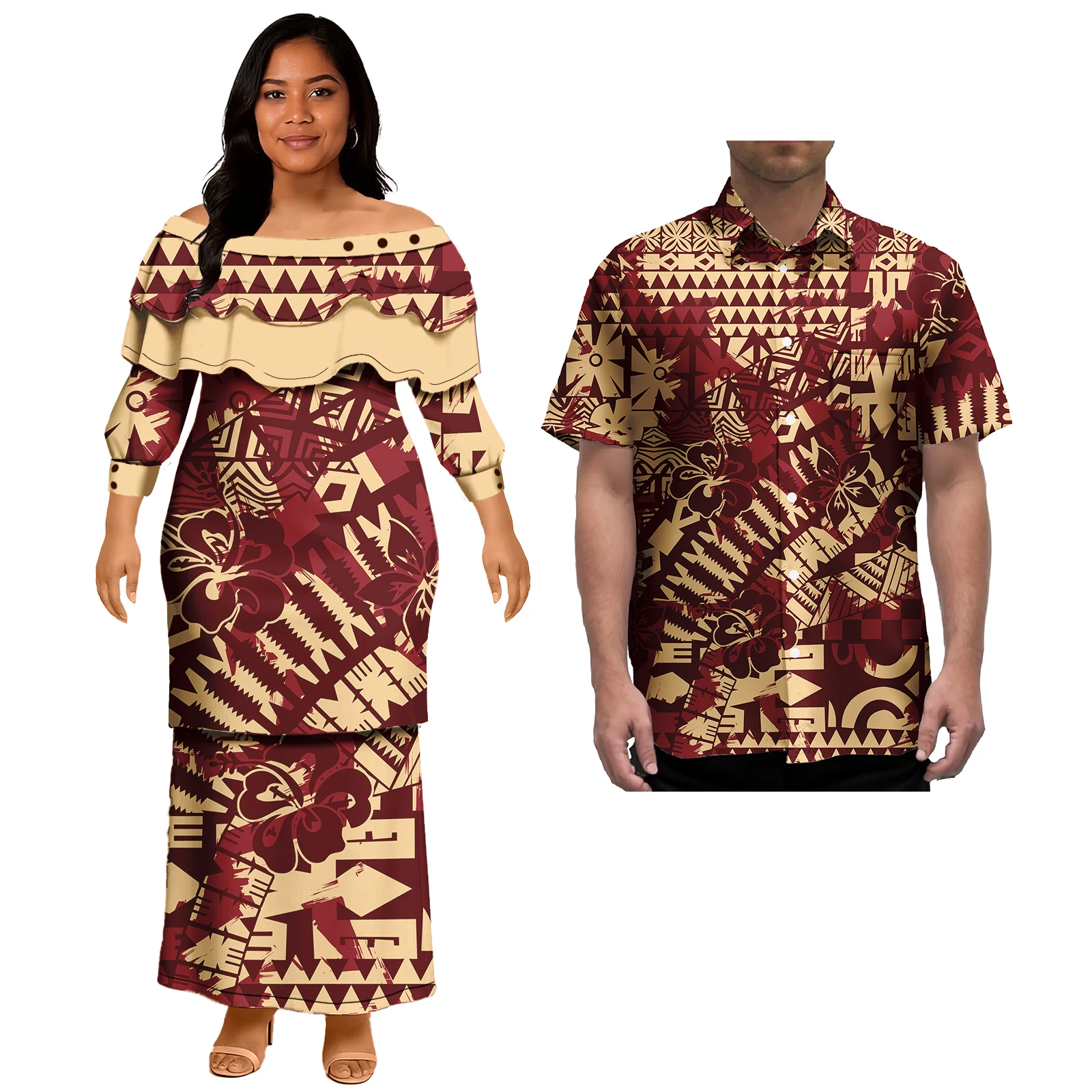 คู่ชุดสุภาพสตรีชุดราตรี Polynesian รูปแบบคลาสสิก Mens เสื้อฮาวาย Match ผู้หญิง PLUS ขนาดกระโปรง