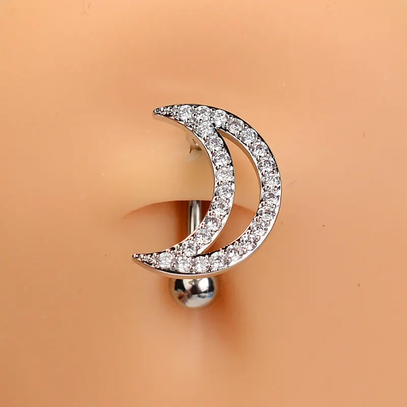 1Piece Sexy Gold Color Stainless Steel Belly Ring Moon CZ Crystal Navel Belly Button Rings Navel Piercings Woman Body Jewelry14G