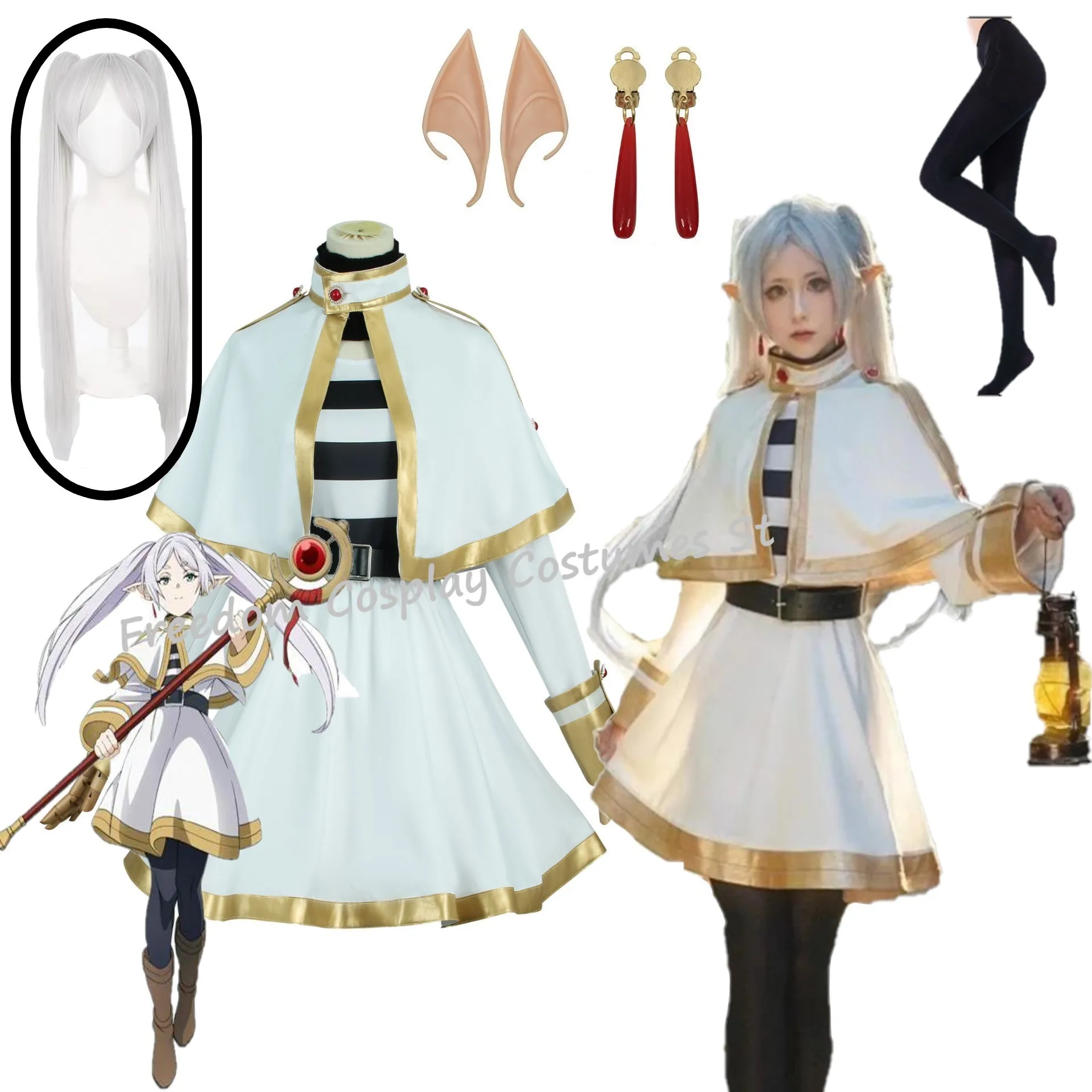 

Sousou No Frieren Cosplay Costume Wig Anime Figures Magician Dress Elf Ear Accessory Halloween Party for Women Adults kids