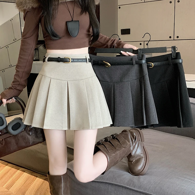 

Fashion Popular A-line Short Skirt For Women Autumn Winter New Solid Woolen High Waist Pleated Skirts Female Casual Mini Skirts
