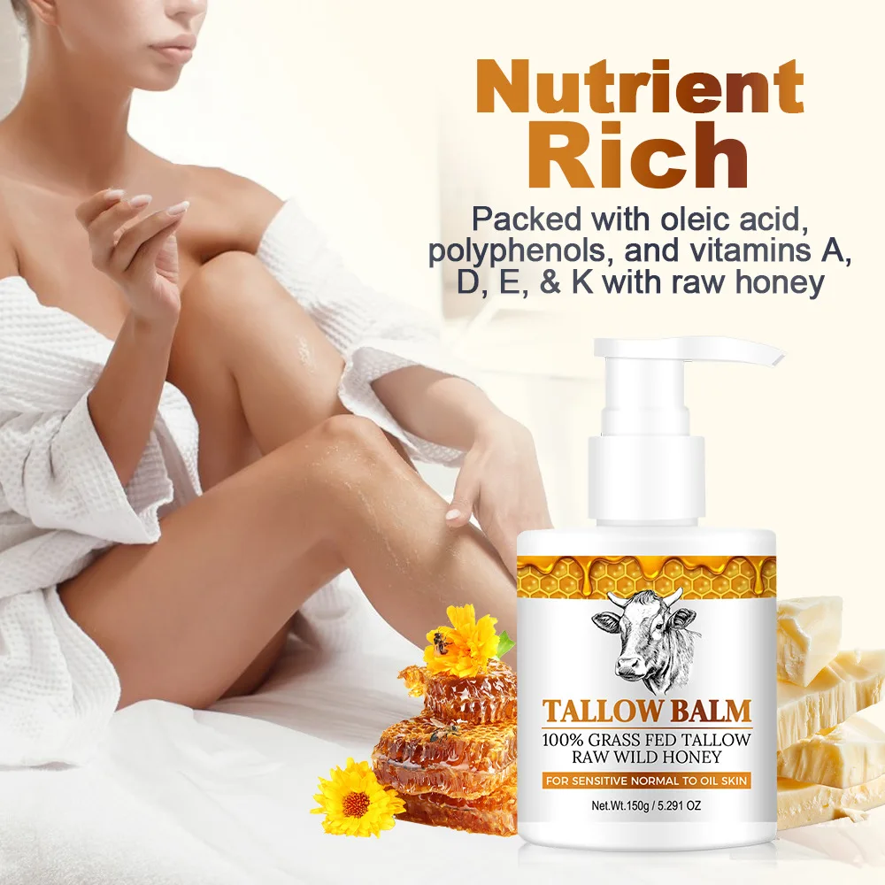 100% Grass Fed Tallow Balm with Raw Wild Honey & Vitamins A/D/E/K – Natural Moisturizer for Sensitive,Long-Lasting Hydration.