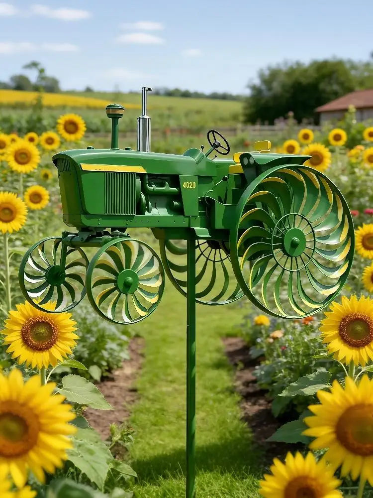 Garden Wind Spinner, Green Tractor Windmill Stake With Rotating Wheels For Patio Yard Garden, Unique Outdoor Sculptures Ornament