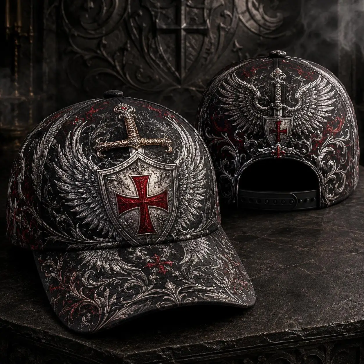Custom Men's Gothic Shield Wings Cross Baseball Cap - Gothic Shield Wings Cross Snapback Hat, Machine Washable Outdoor Casual Ca