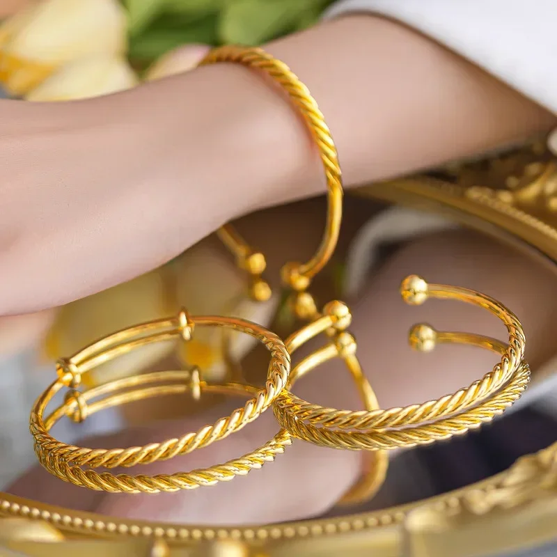 9999 Real Gold 24K Niche Simple High-end Solid Smooth Twist Push-pull Bracelet, Gold Twist Twist Opening Bracelet