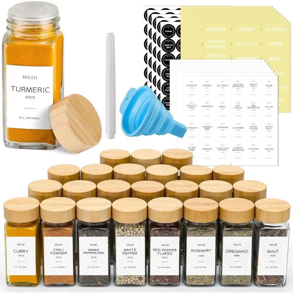 12 Pcs Glass Spice Jars with Bamboo Lids 4 oz Glass Jars with Minimalist Farmhouse Spice Labels Stickers Collapsible Funnel