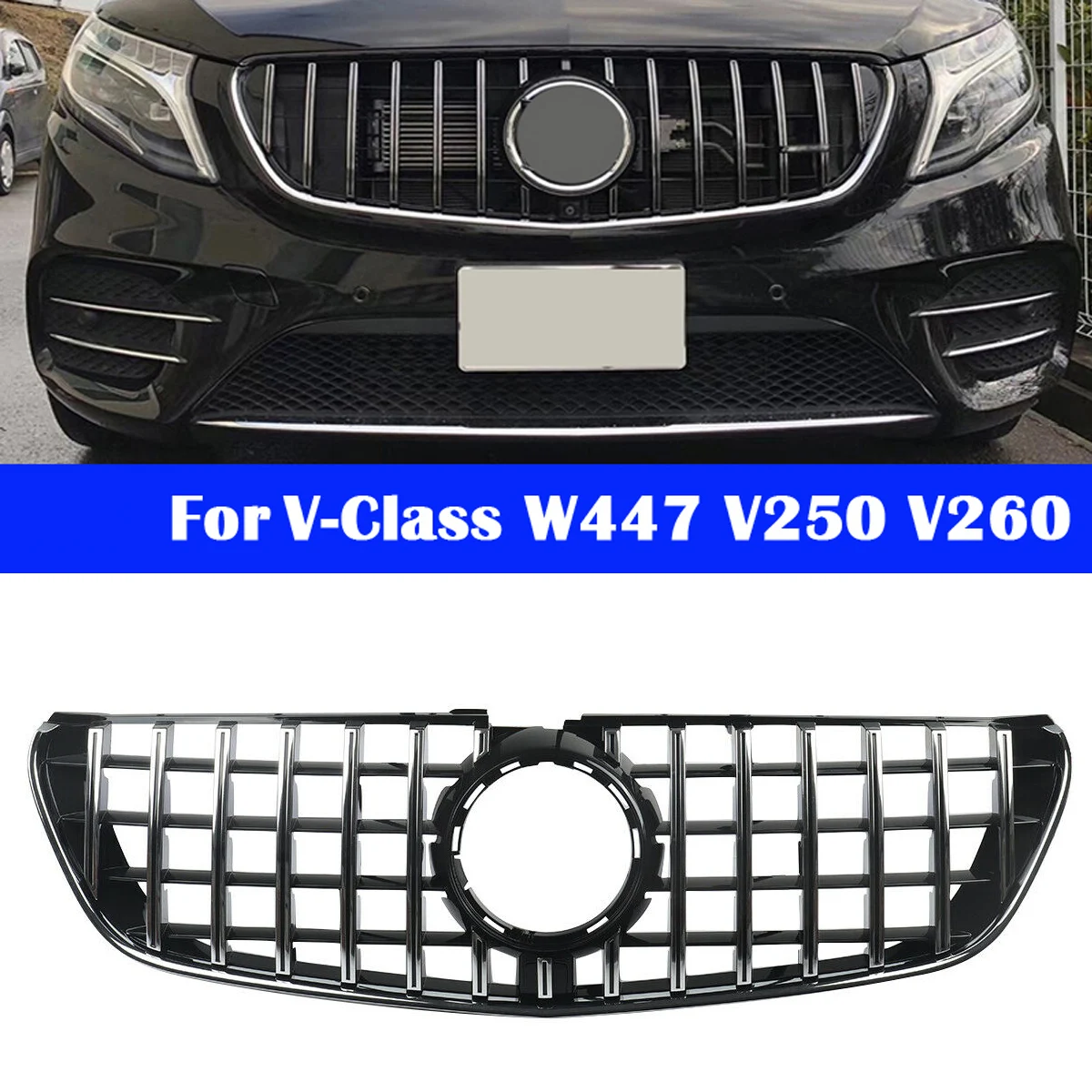 W447 Front Bumper Grill Racing Grille GTR Type Grills For Mercedes Benz V-Class V250 V260 2015-2018 Black Silver Car Styling