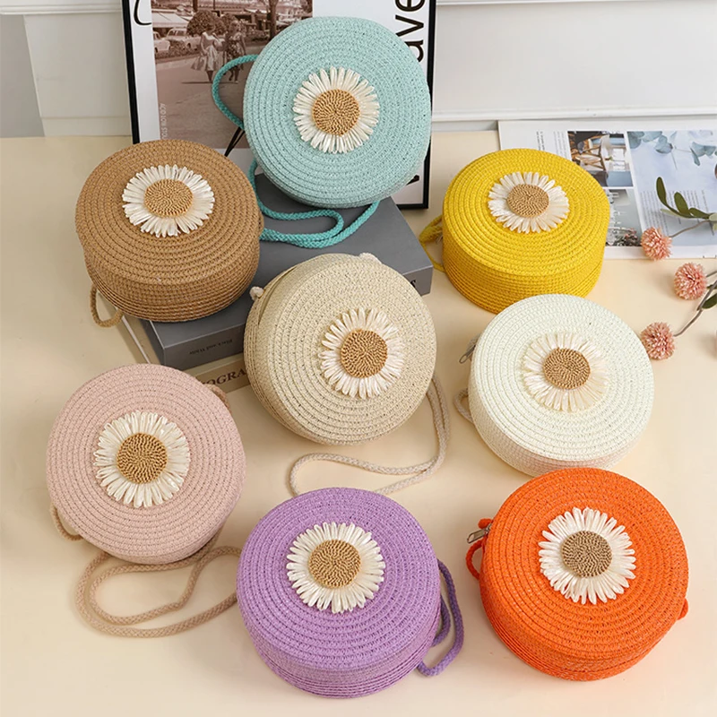 Travel Beach Straw Bags for Girl Summer Cute Flower Woven Crossbody Bags Mini Zipper Kids Princess Messenger Bags Photo Props image 2