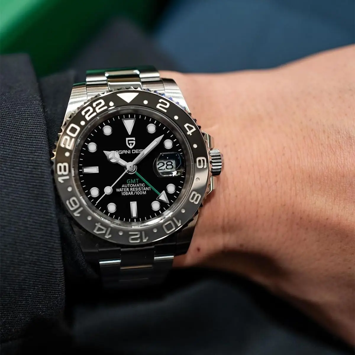 GMT Automatic Mechanical Men's Watch with Rotating Ceramic Bezel, Stainless Steel, Date Function