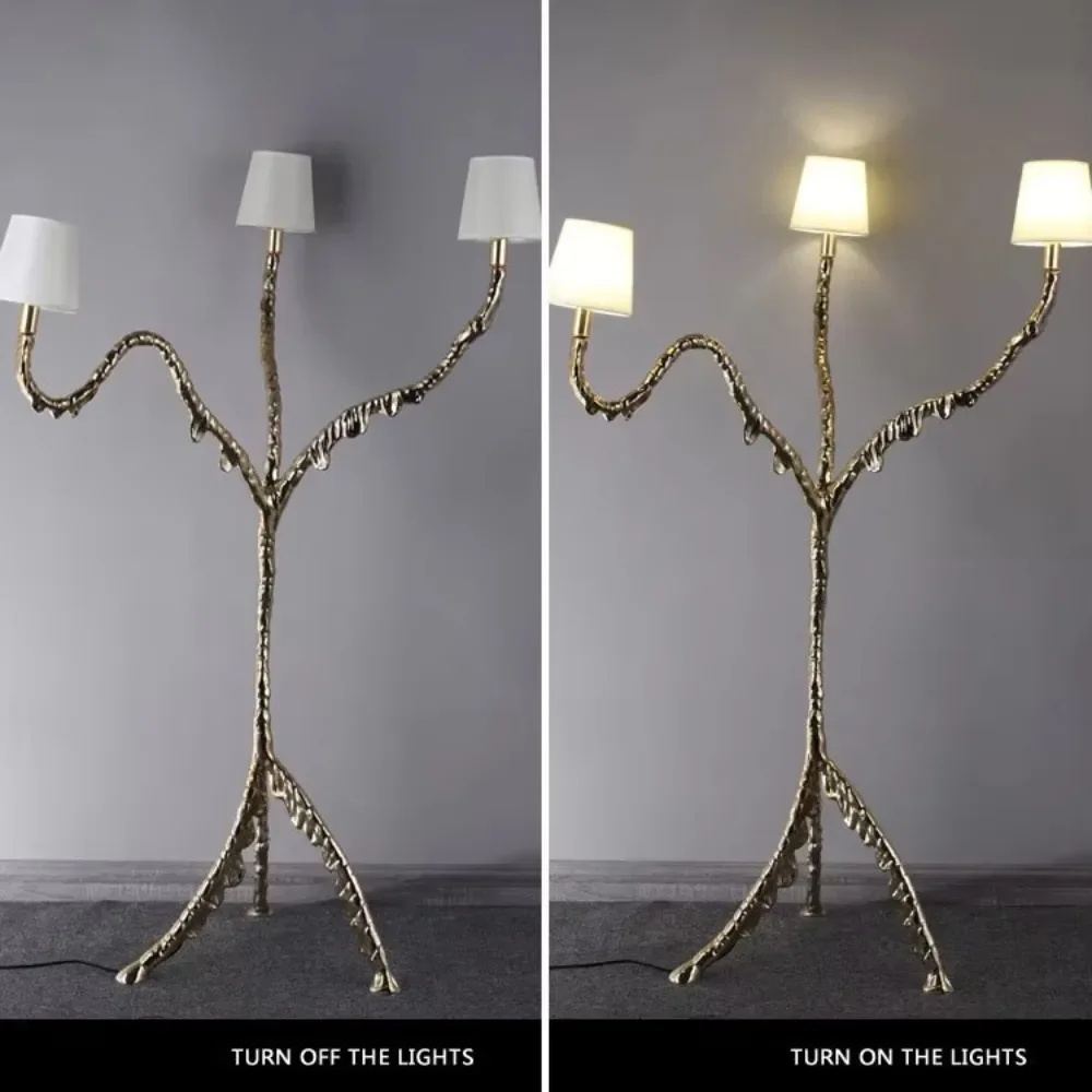 高級装飾ホテルロビー三脚ツリー彫刻麗光ヴィラリビングルーム銅フロアランプ