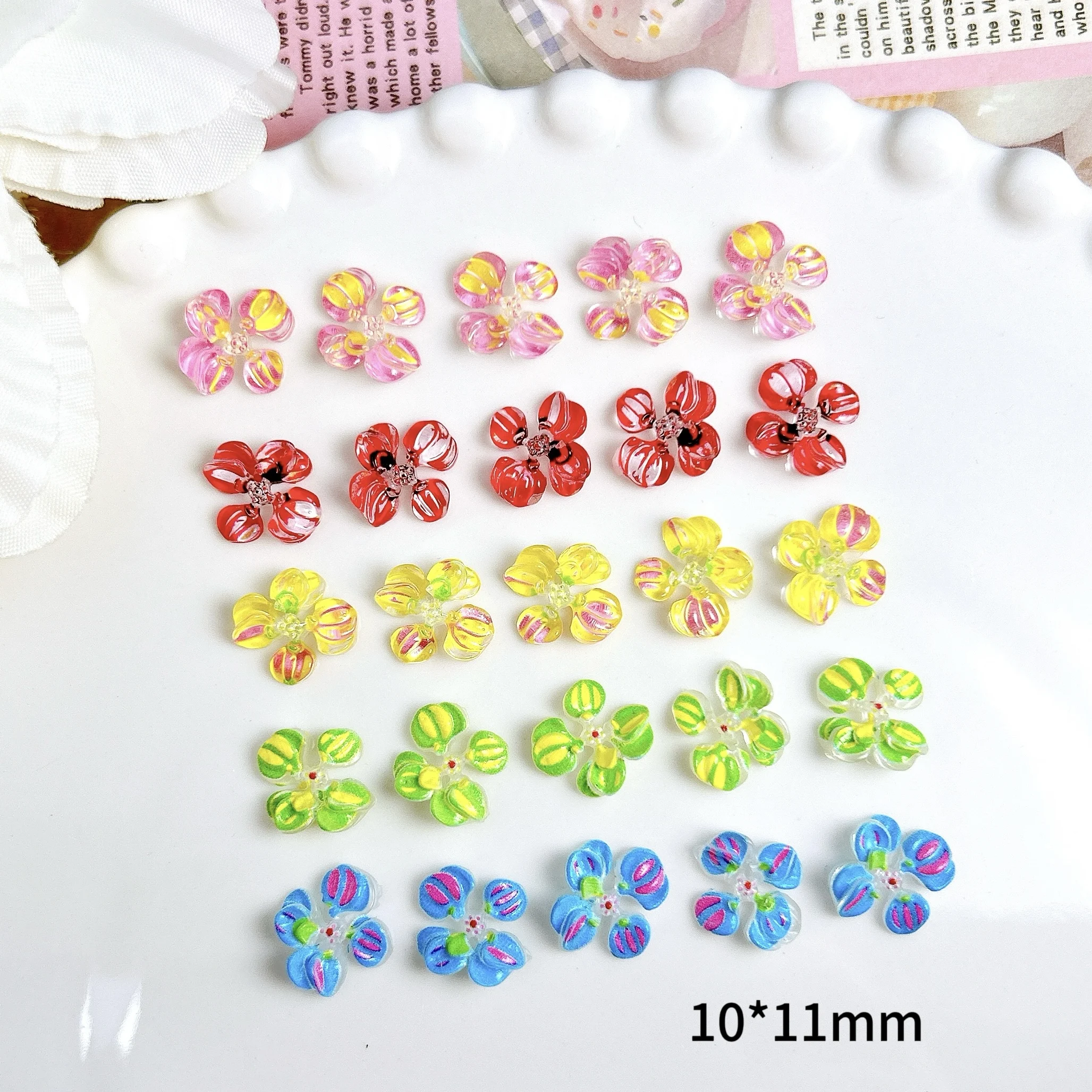 20PCS Innovative Funny Painted Blossoms Resin Nail Charms Colorful Ice Transparent Four-petal Flowers Nail Art Decorations DIY