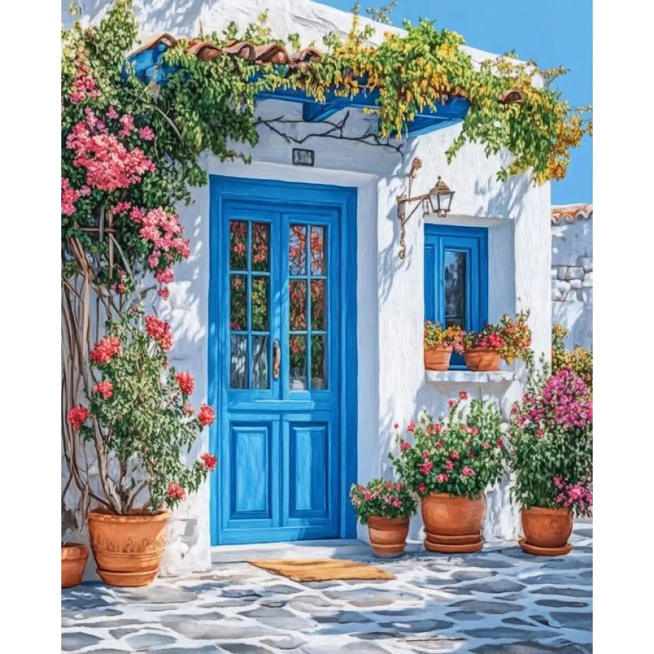 RUOPOTY Diamond Painting Unique Gift Blue Gate Courtyard Diamond Art Kits Landscape Full Round Diamond Art Painting Painting