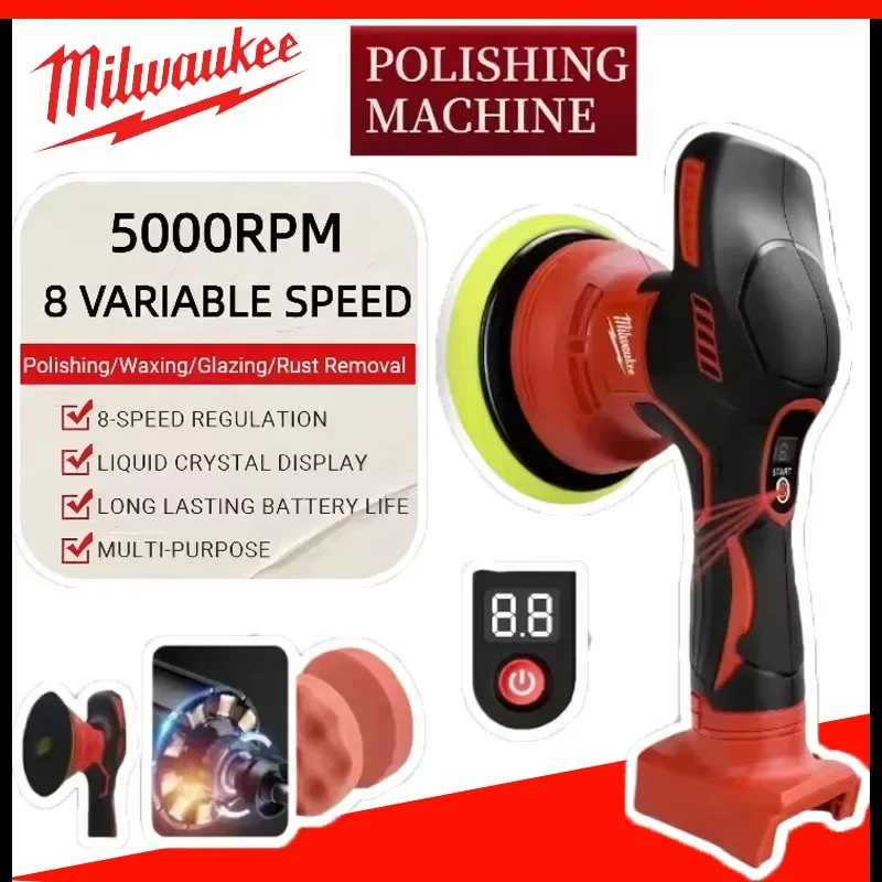 

Беспроводная полировальная машина Milwaukee, 2025 год, 8 передач, электрический полировщик с цифровым дисплеем, автомобильная полировальная машина для вощения, для литиевой батареи