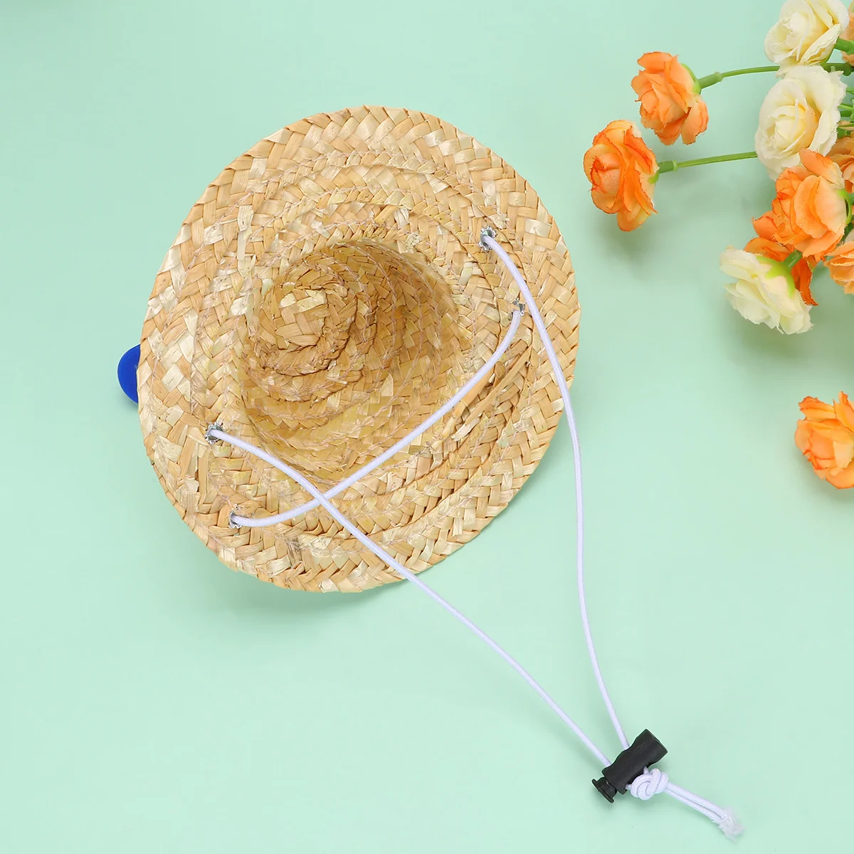 

Pet Woven Dark Blue Rainbow Straw Hat for Photography Adjustable Chin Strap Decorative Straw Hat