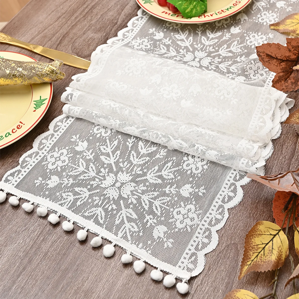 البوهيمي الكروشيه مكرميه الجدول عداء مع شرابات البيج الدانتيل مفرش المائدة خمر لمزرعة حفل زفاف زينة عيد الميلاد #4