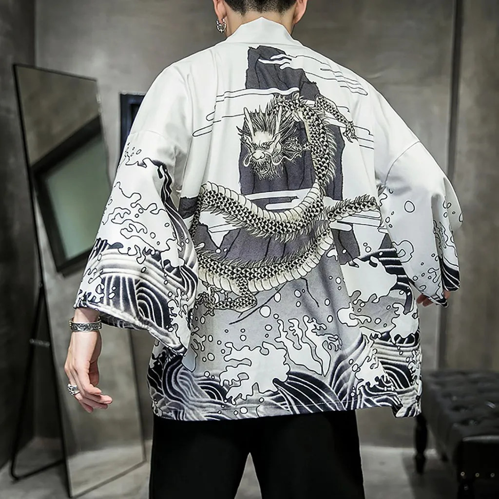 Fashion Men\'s Kimono Cardigan Oversize Shirts Popular Dragon Pattern Printed Shirt Yukata Top Anime Costume Men Clothing 2022