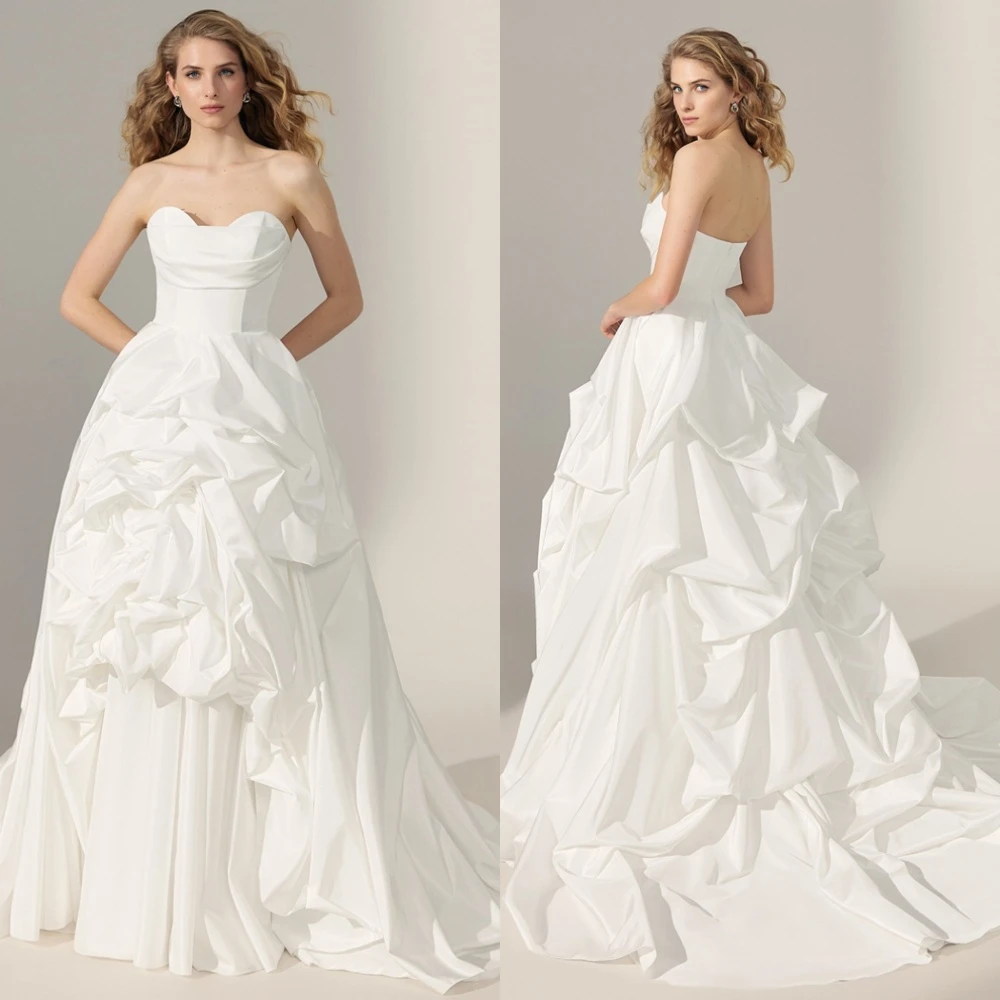 

Customized White Satin Draped Wedding Party A-line Sweetheart Long Dresses Elegant Formal Exquisite Luxury Temperament Dresses
