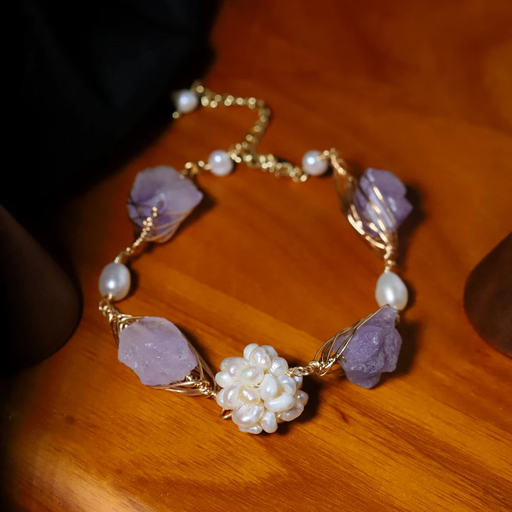 Natural Freshwater Pearl Flower Ball Amethyst Bracelet Korean Style Women Luxury Jewelry Fashion Ladies and Girls Gift GB1168