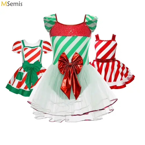 Niños Niñas Navidad bastón de caramelo traje de baile a rayas Dres Año nuevo elfo lentejuelas Bowknot Ballet leotardo patinaje artístico vestido tutú