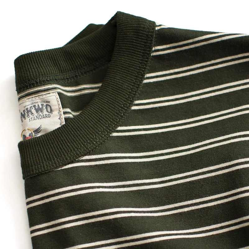 Heavyweight Khaki American Retro Japanese Style Couple's Cotton Short Sleeve round Neck Men's T-shirt Blue White Stripes