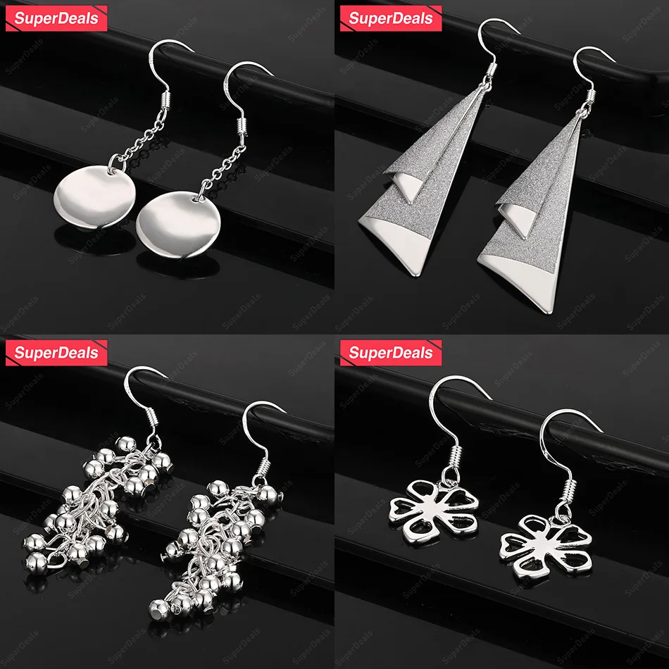 

SuperDeals 925 Sterling Silver Grape Beads Flower Triangle Round Drop Earrings Women Elegant Jewelry Anniversary Party Gift